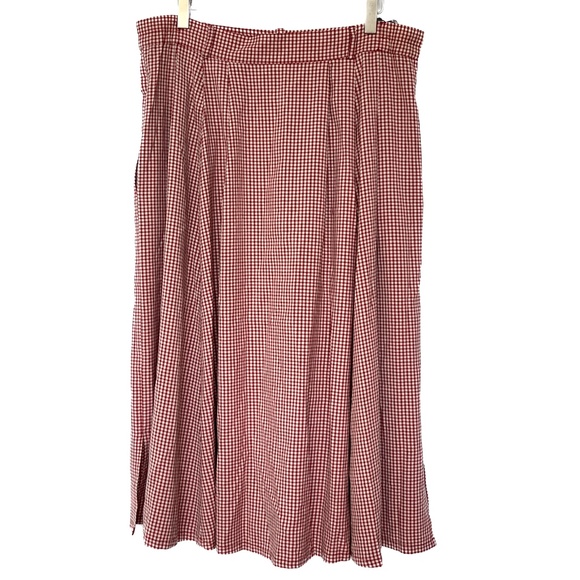 YESSICA Skirt Full Pleated Midi Red Cream Check Sz 42 Button Up Pockets Vintage - Picture 3 of 7